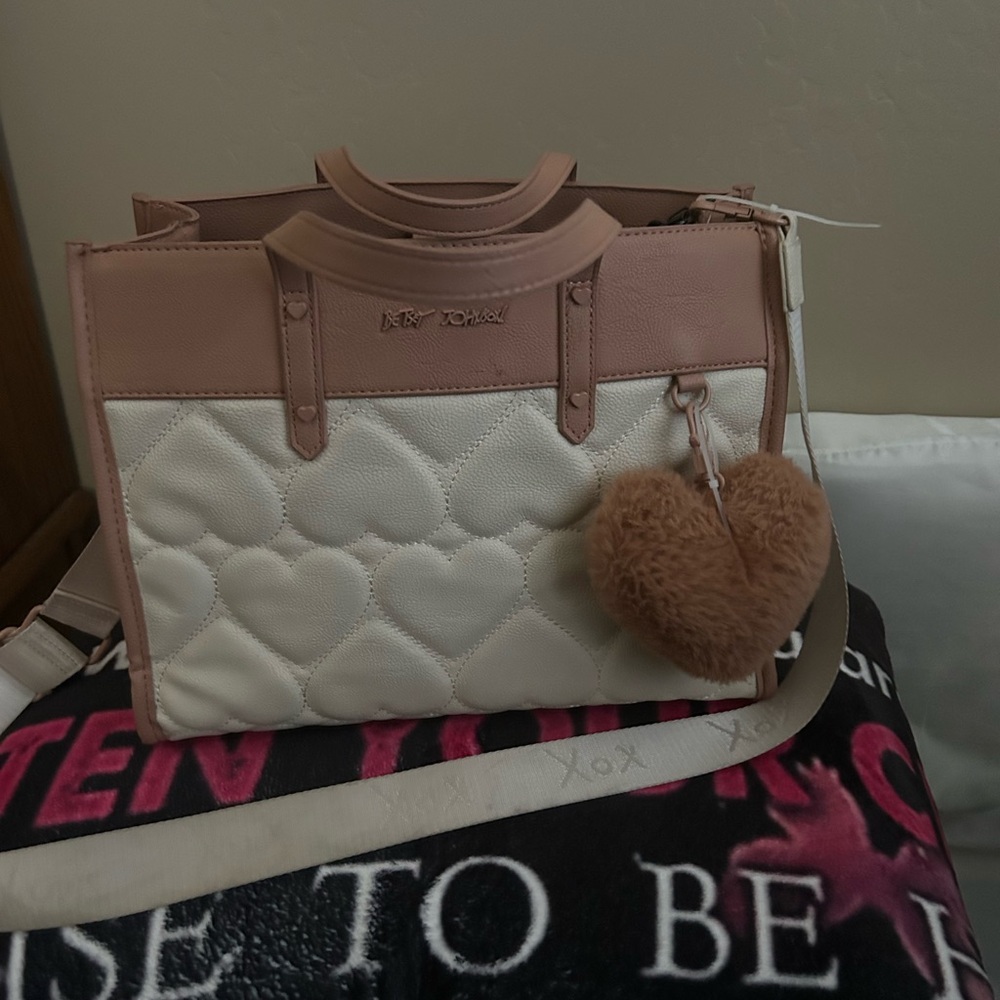 Betsey Johnson Cream and Tan Satchel with Gold Hardware